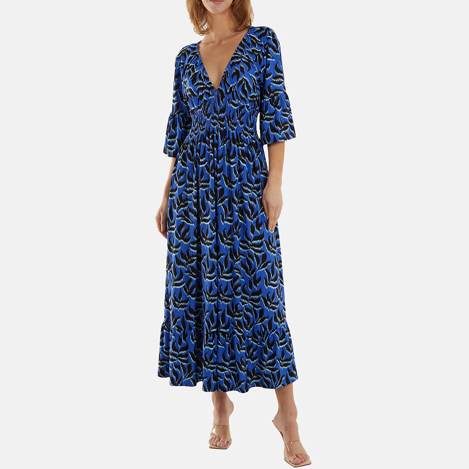 Nova of London Leaf Pattern Shirred Waist V Neck Stretch Dress (Size L) - Blue