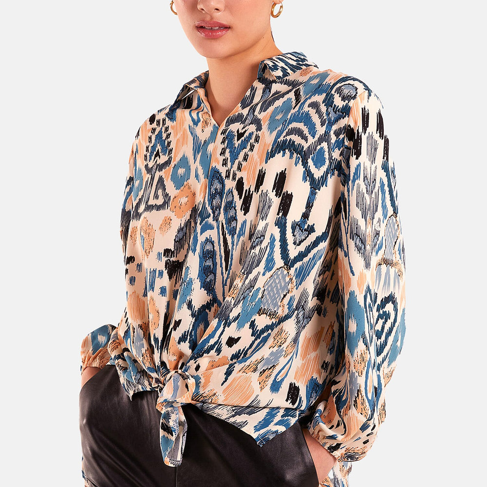 Nova of London Abstract Pattern Grandad Collar Shirt (Size S-M) - Blue