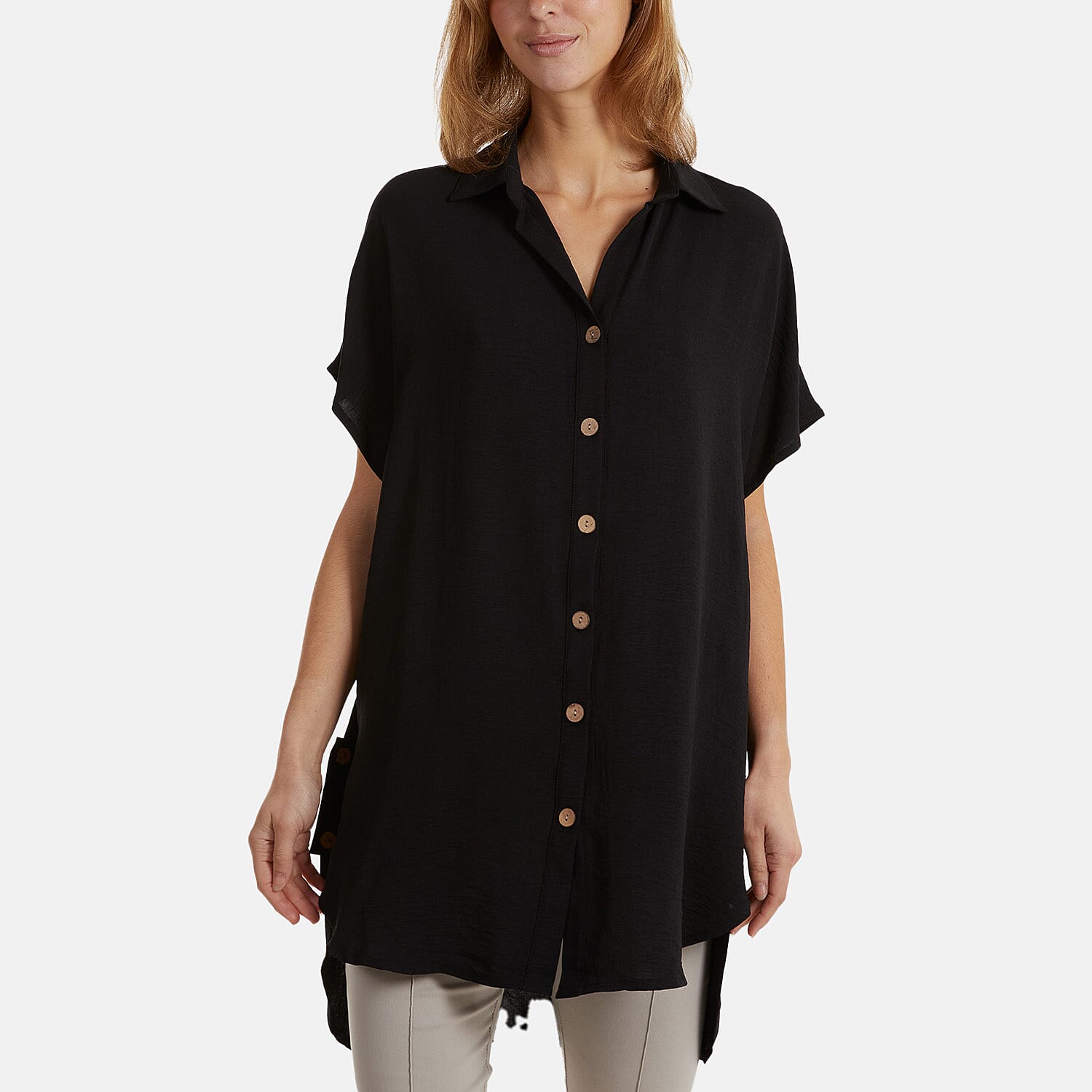 Nova of London Longline Short Sleeve Button Shirt (One Size) - Black