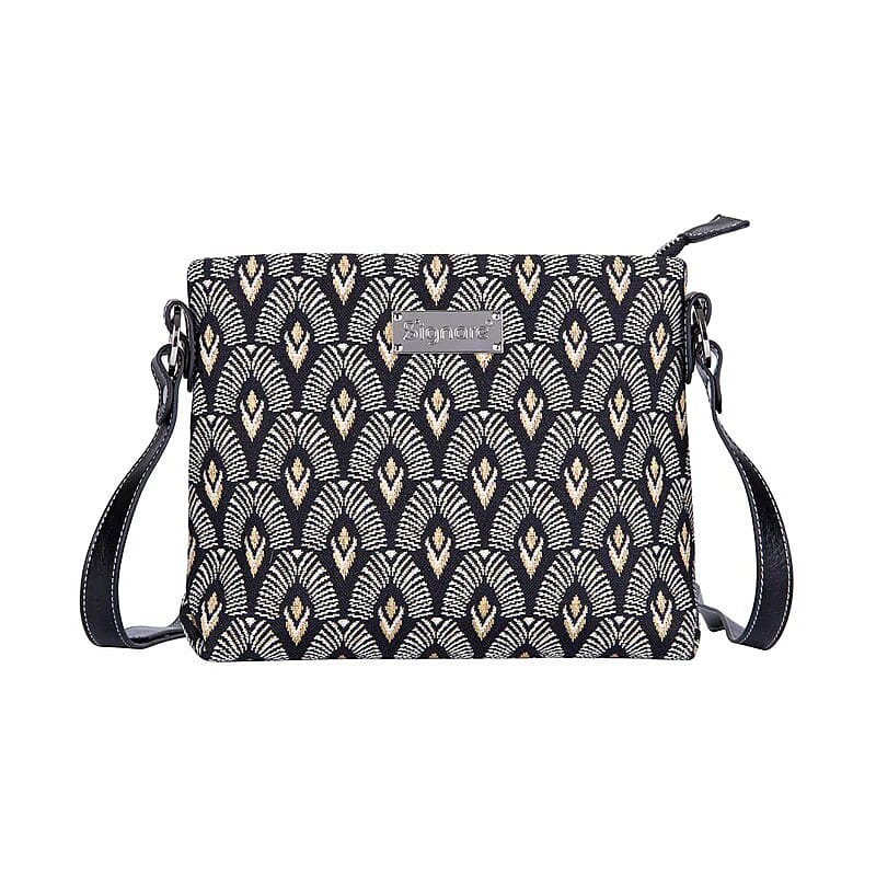 Signare Tapestry Fiber Crossbody Bag (Size 7x25x19 cm) - Gold Black