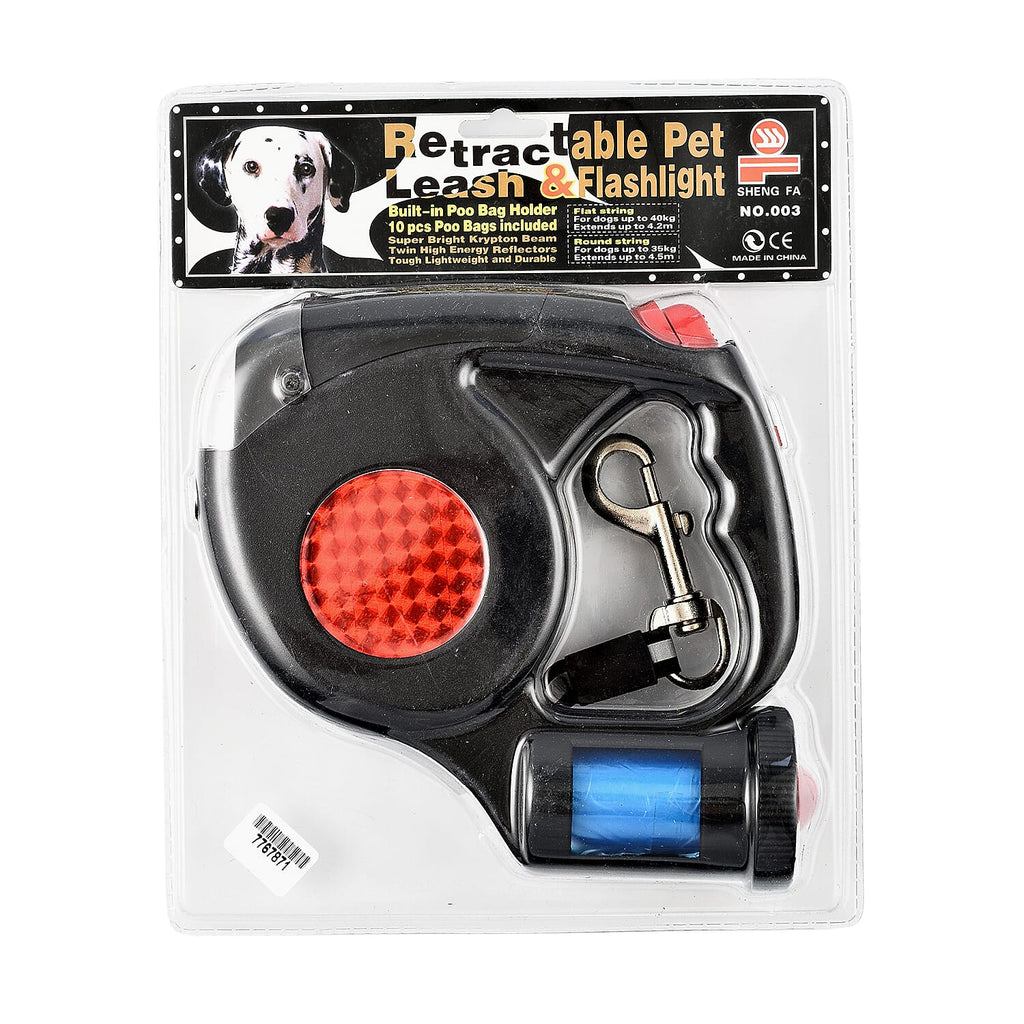 Retractable Pet Leash - Flashlight with Built in Poop Bag Holder (10 Pcs Inc.)