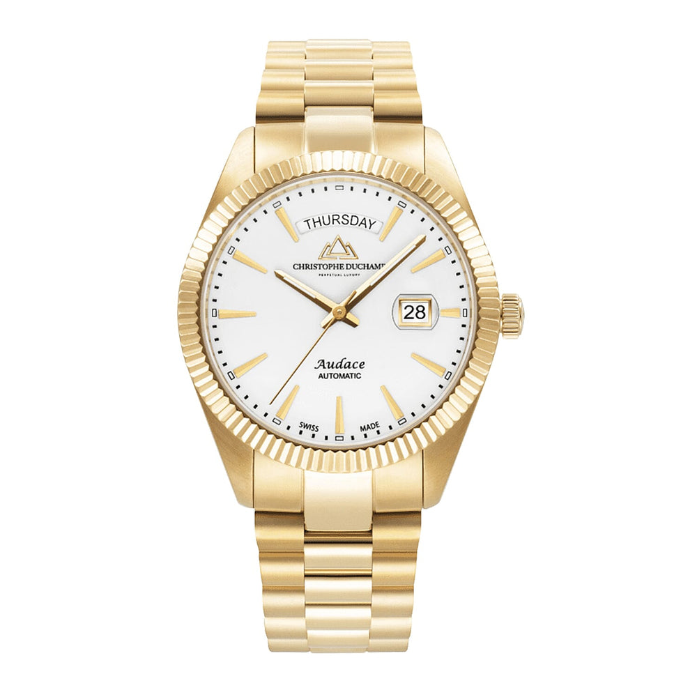 Christophe Duchamp Audace White Dial Swiss Made Automatic Movt. 5 ATM WR Watch - Gold