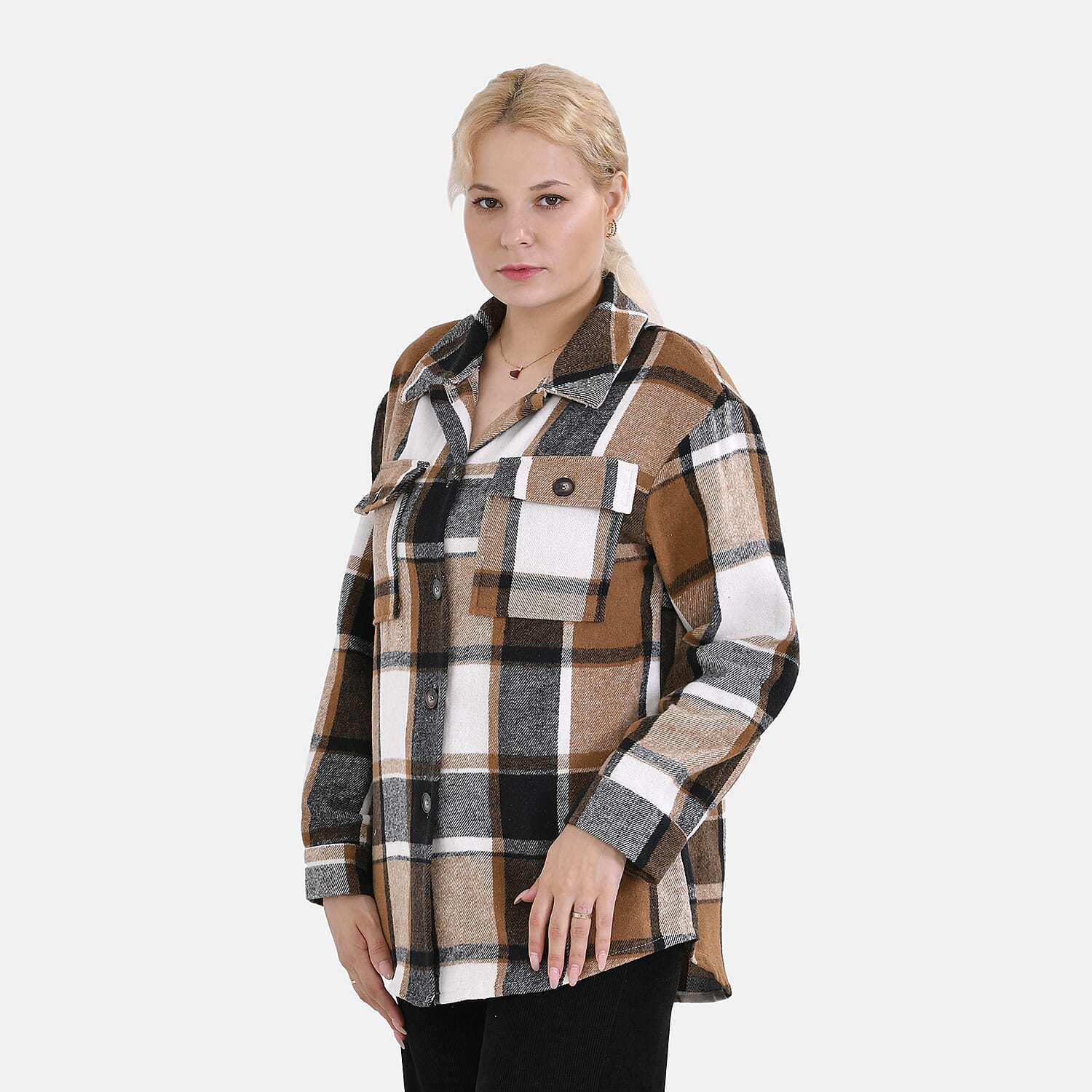 La Marey Check Pattern Long Length Shirt (Size M) - Brown