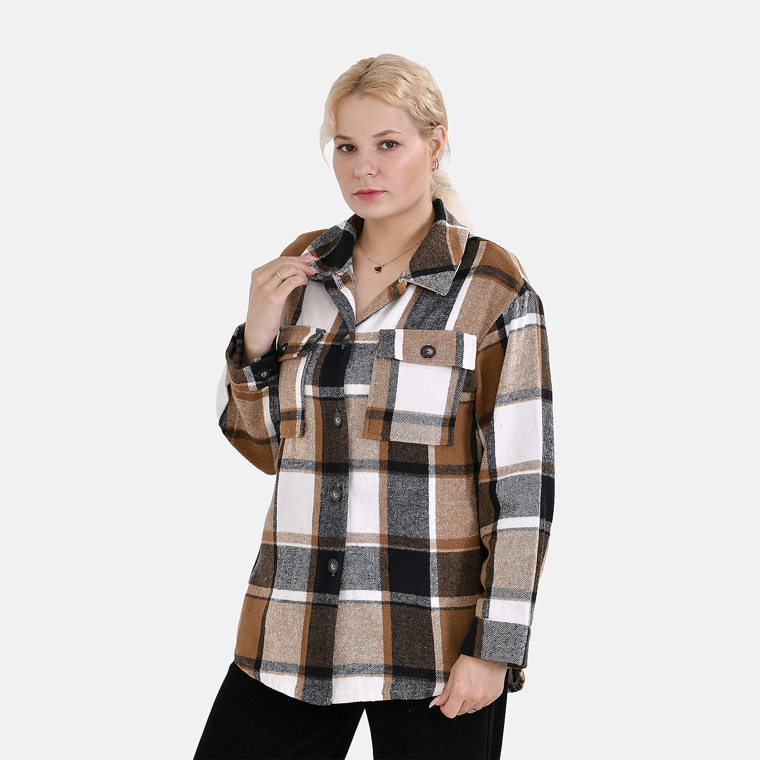 La Marey Check Pattern Long Length Shirt (Size M) - Brown