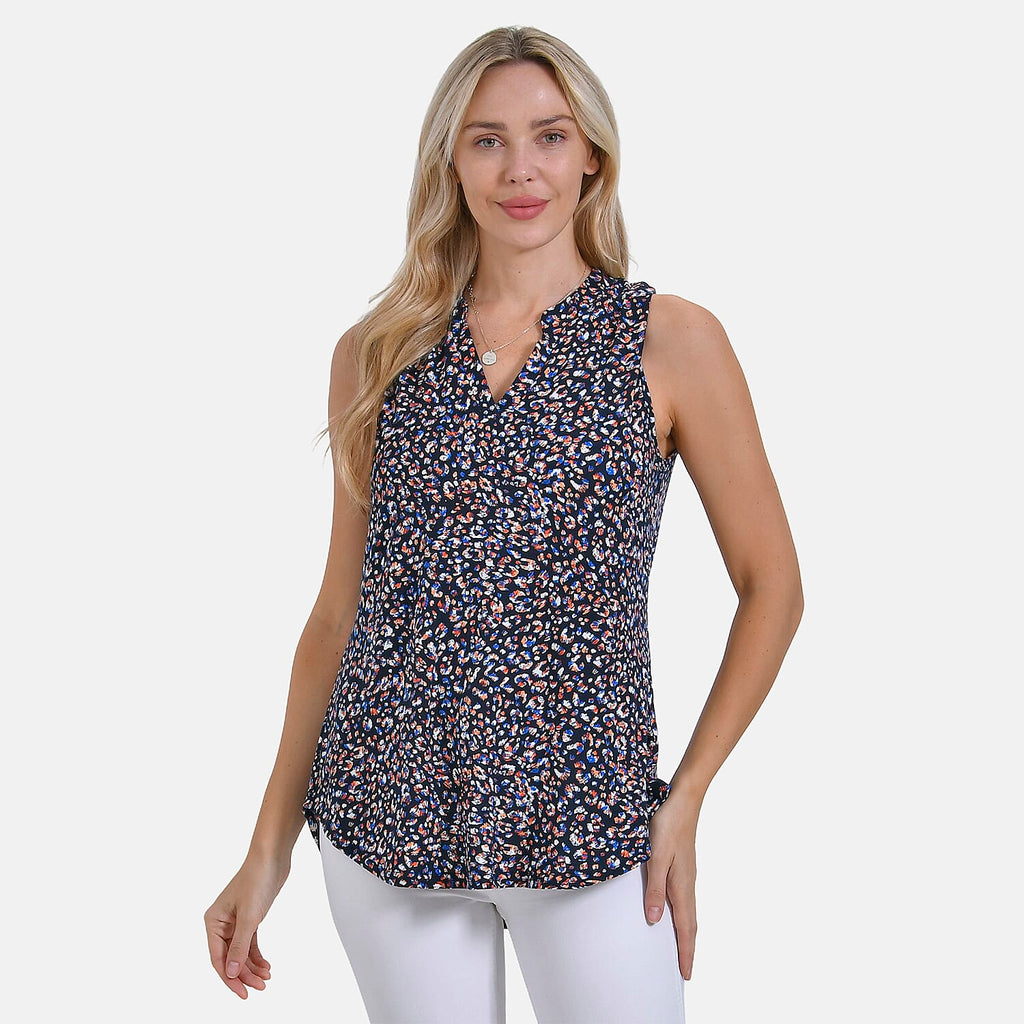 - Maisi Womens Leopard Print Sleeveless Relaxed Fit Blouse (Size S) - Black Base with Multicolor Print