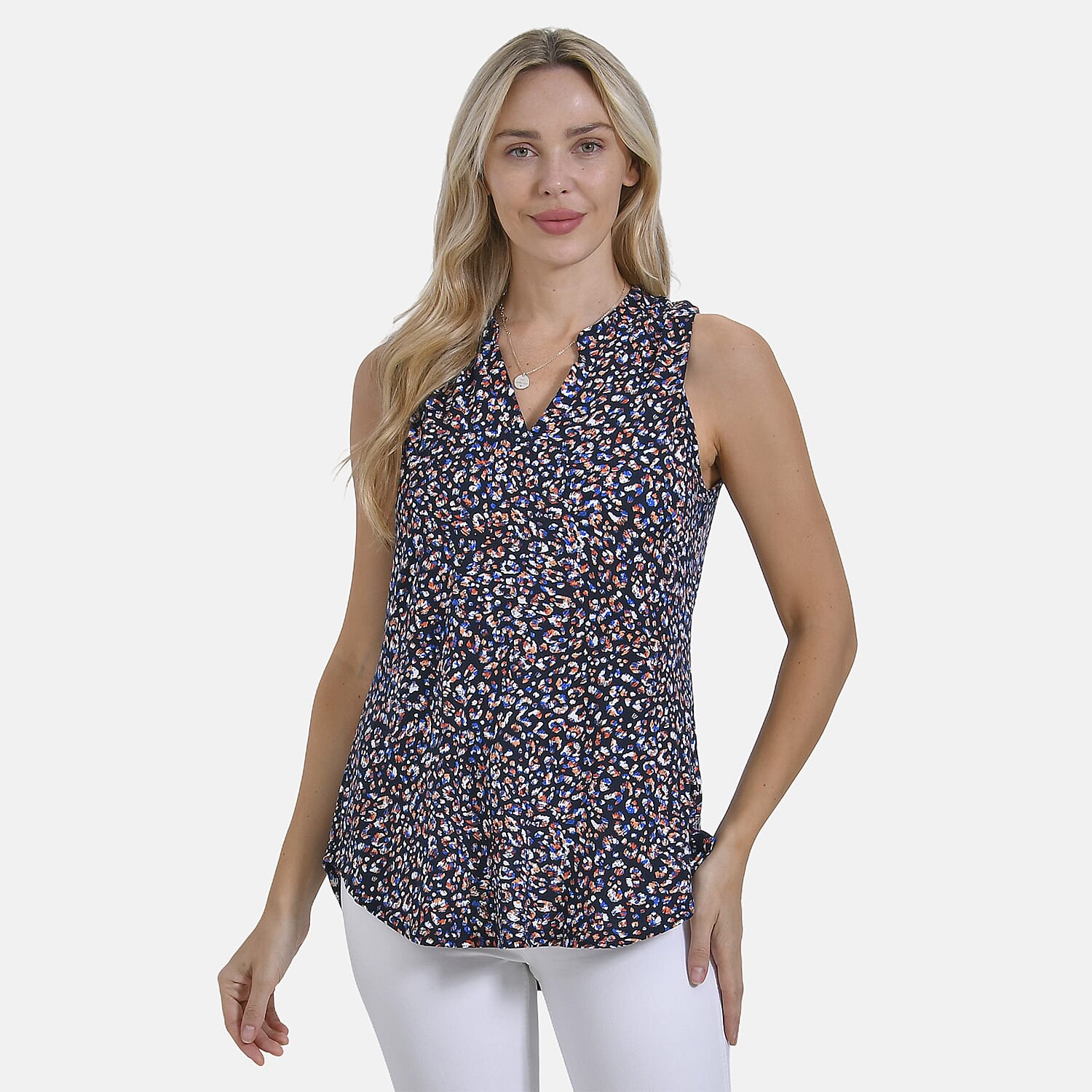 - Maisi Womens Leopard Print Sleeveless Relaxed Fit Blouse (Size S) - Black Base with Multicolor Print