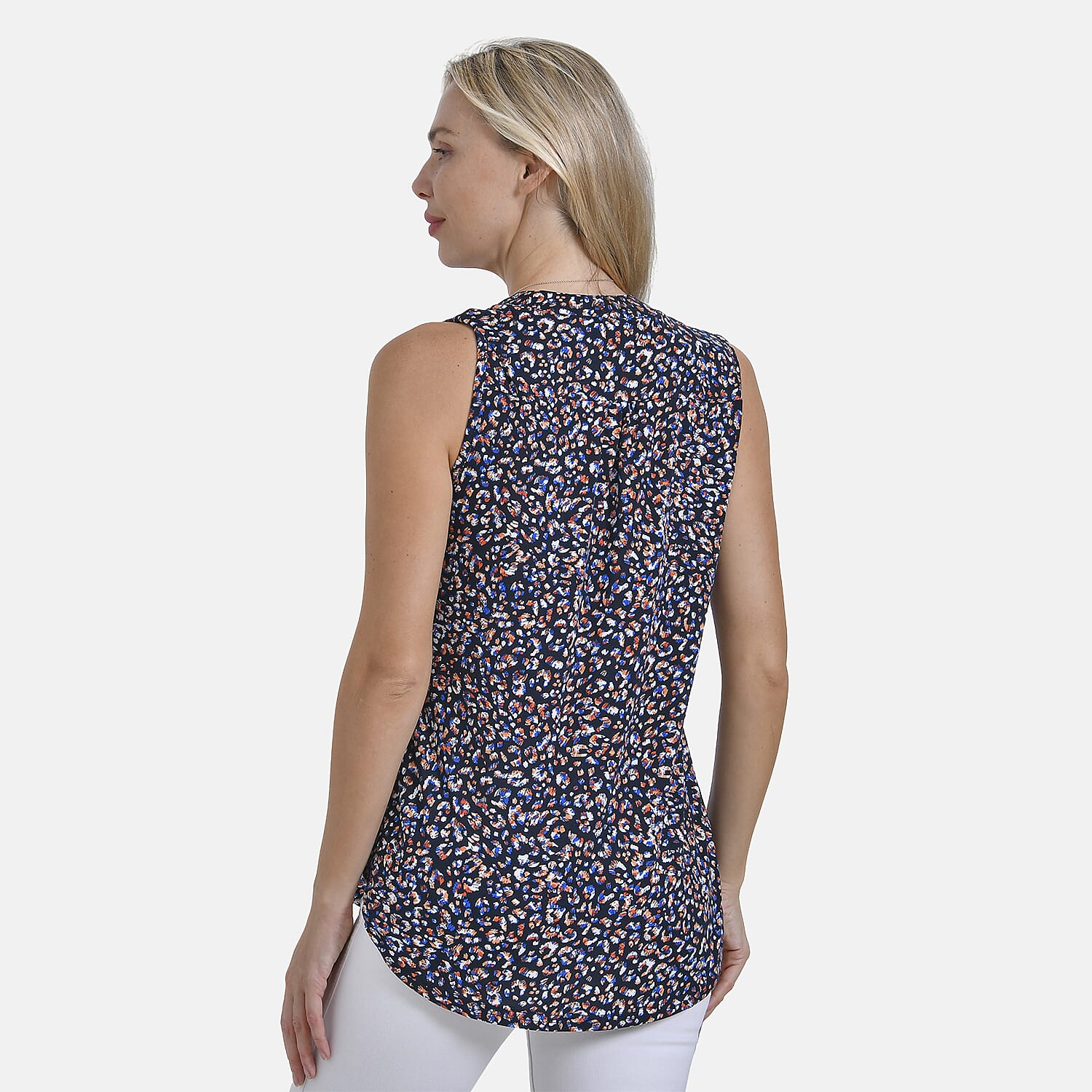 - Maisi Womens Leopard Print Sleeveless Relaxed Fit Blouse (Size S) - Black Base with Multicolor Print