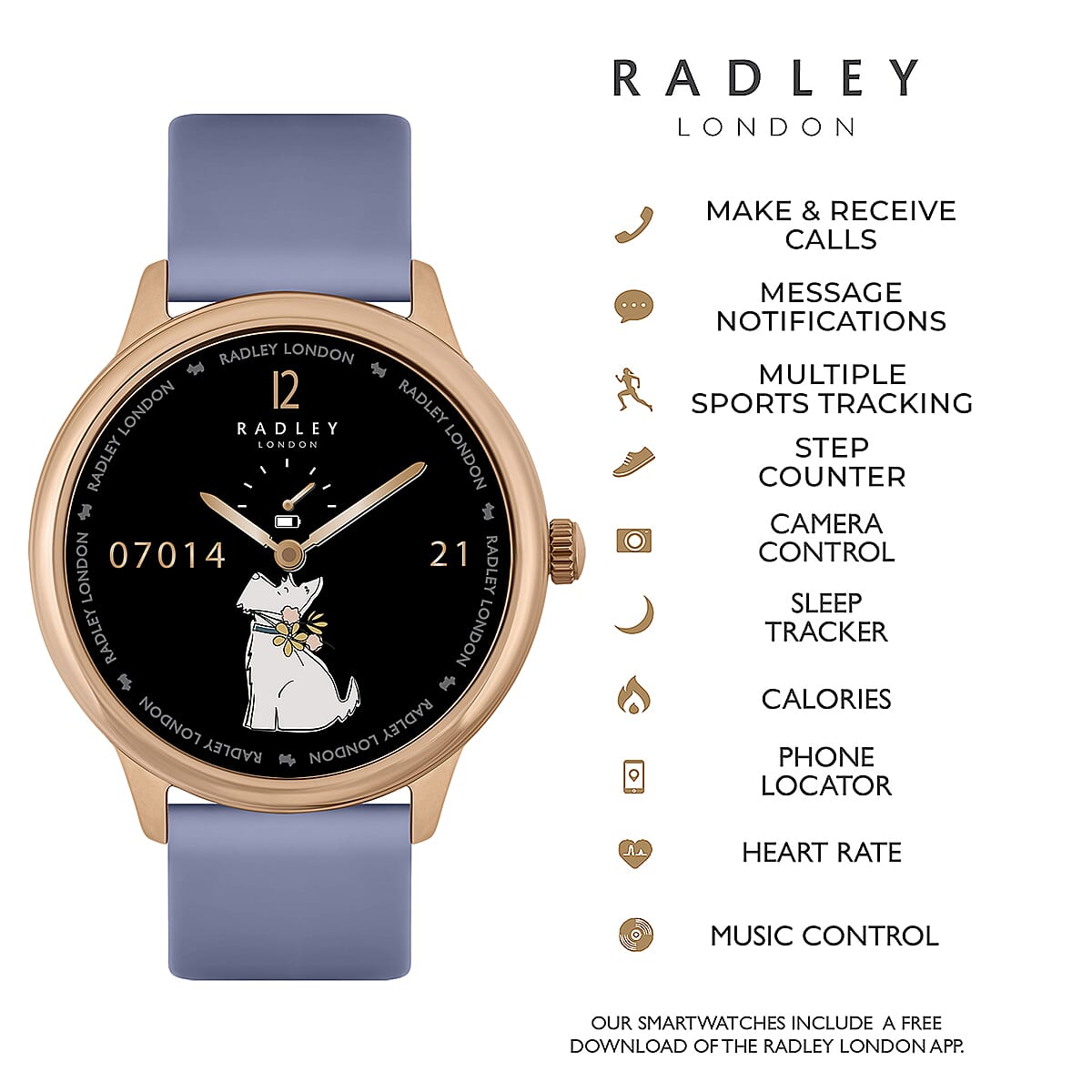 Radley Automatic Ladies Smart Calling Watch in Silicone - 7 Days Battery Life - Light Blue