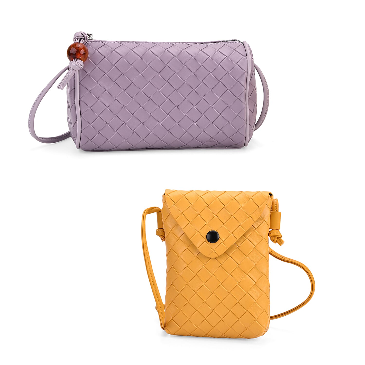 Set of 2 Woven Pattern Leatherette Crossbody Bags - Dark Purple - Yellow
