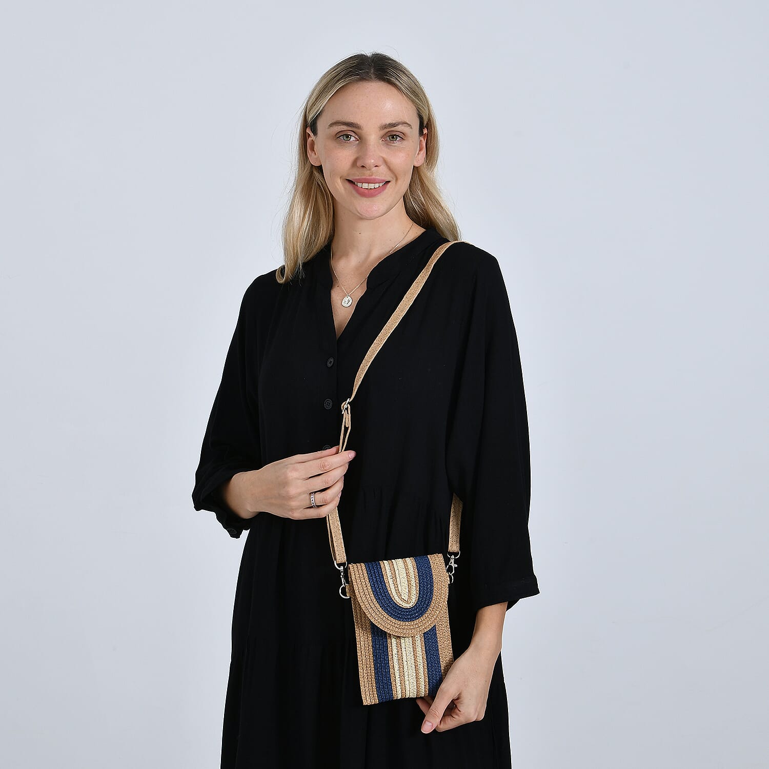 Bohemian Style Casual Summer Straw Crossbody Phone Bag with Striped Pattern - Khaki & Navy