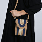 Bohemian Style Casual Summer Straw Crossbody Phone Bag with Striped Pattern - Khaki & Navy