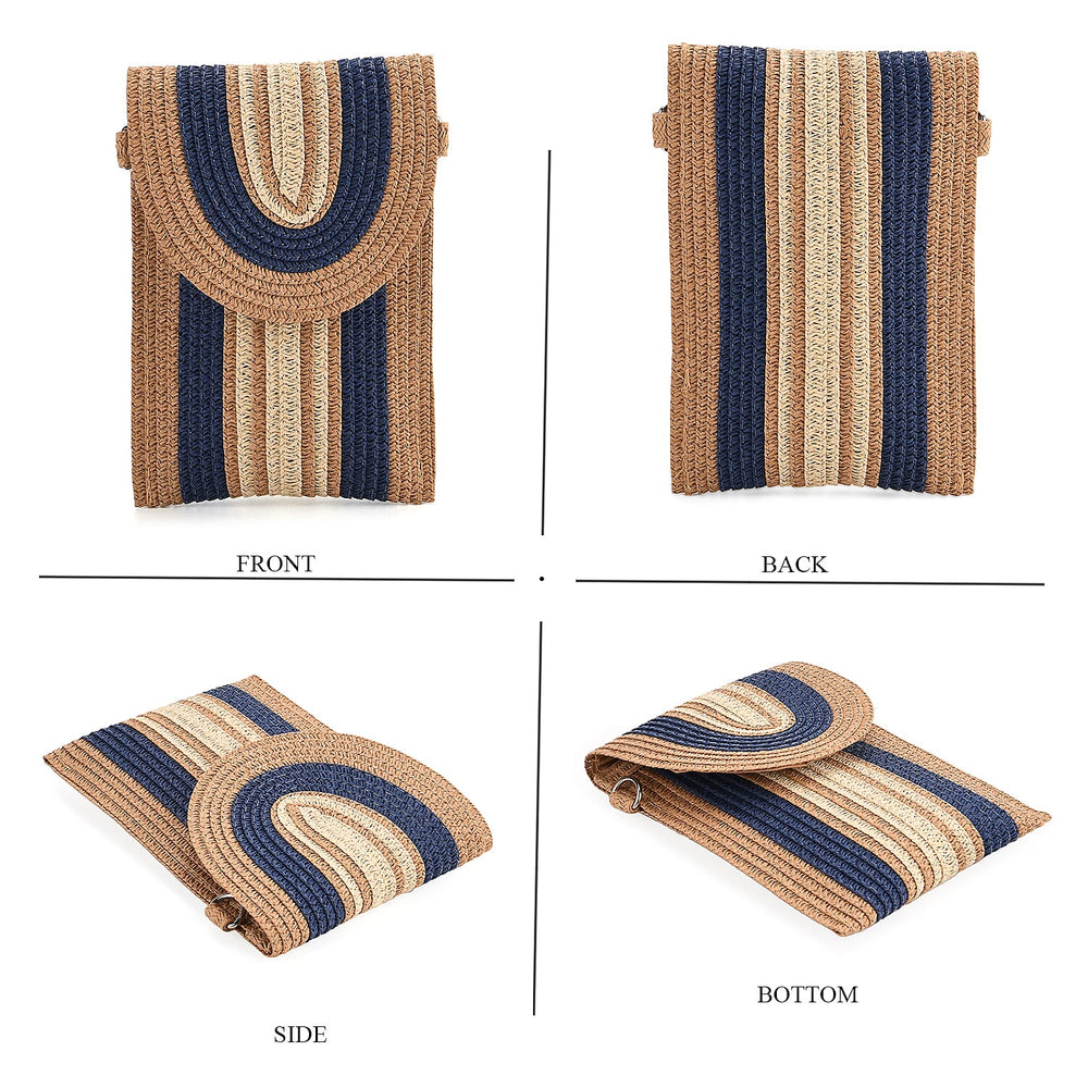 Bohemian Style Casual Summer Straw Crossbody Phone Bag with Striped Pattern - Khaki & Navy