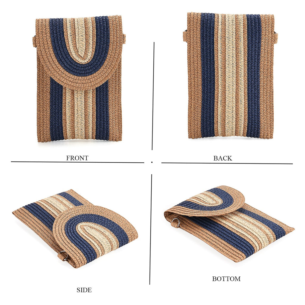 Bohemian Style Casual Summer Straw Crossbody Phone Bag with Striped Pattern - Khaki & Navy