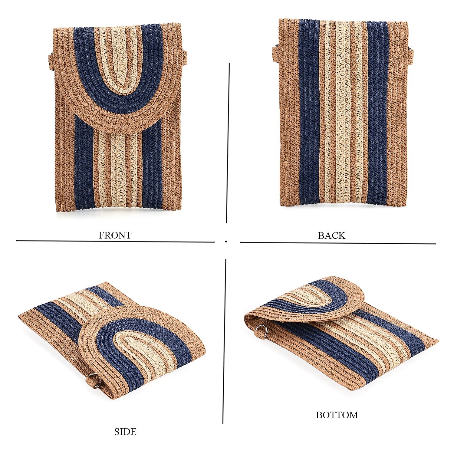 Bohemian Style Casual Summer Straw Crossbody Phone Bag with Striped Pattern - Khaki & Navy