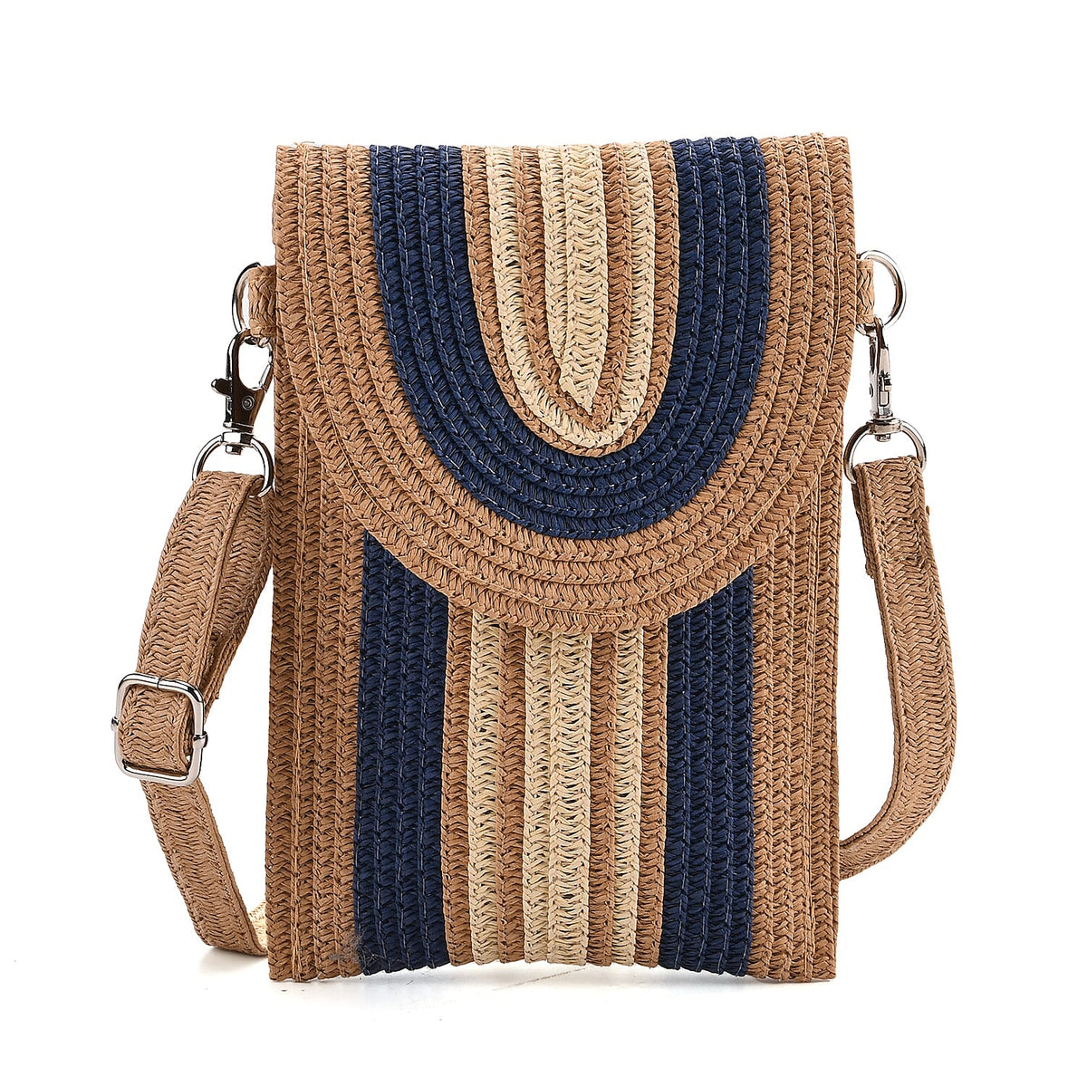 Bohemian Style Casual Summer Straw Crossbody Phone Bag with Striped Pattern - Khaki & Navy