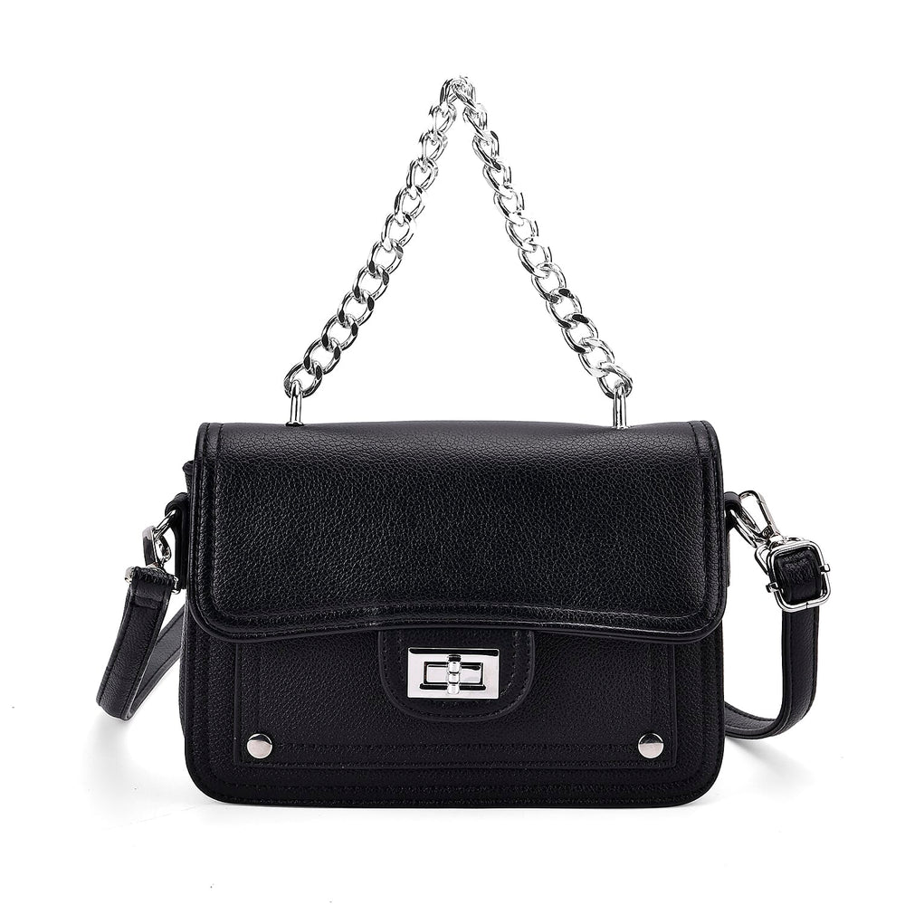 THE BIG CLOSEOUT - Edgy Satchel Bag with Chain Handle and Detachable Shoulder Strap - Black