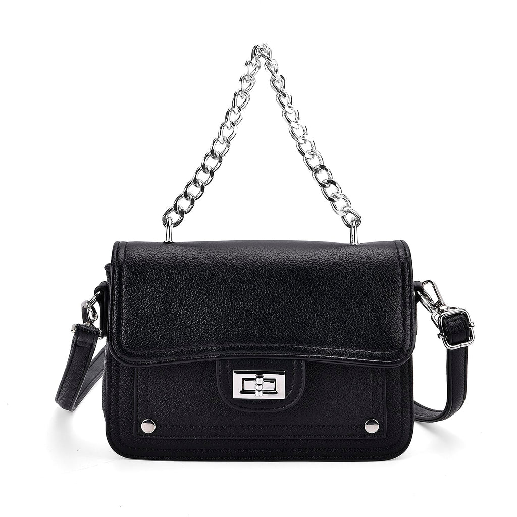 THE BIG CLOSEOUT - Edgy Satchel Bag with Chain Handle and Detachable Shoulder Strap - Black