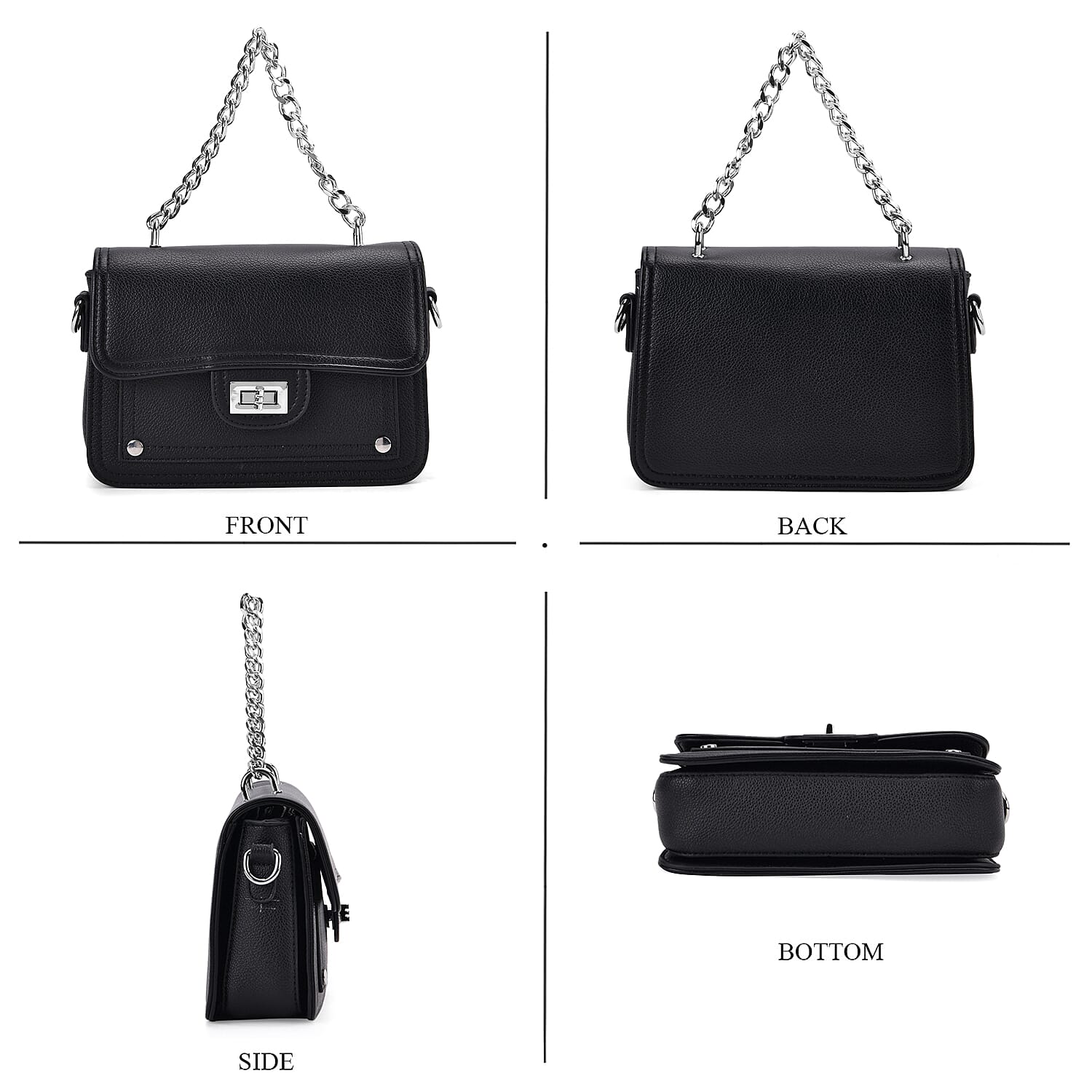 THE BIG CLOSEOUT - Edgy Satchel Bag with Chain Handle and Detachable Shoulder Strap - Black