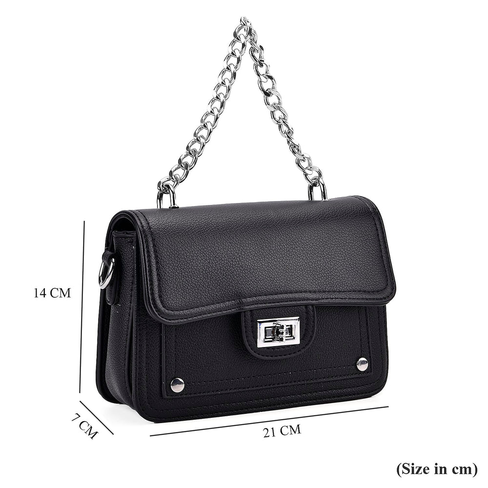THE BIG CLOSEOUT - Edgy Satchel Bag with Chain Handle and Detachable Shoulder Strap - Black