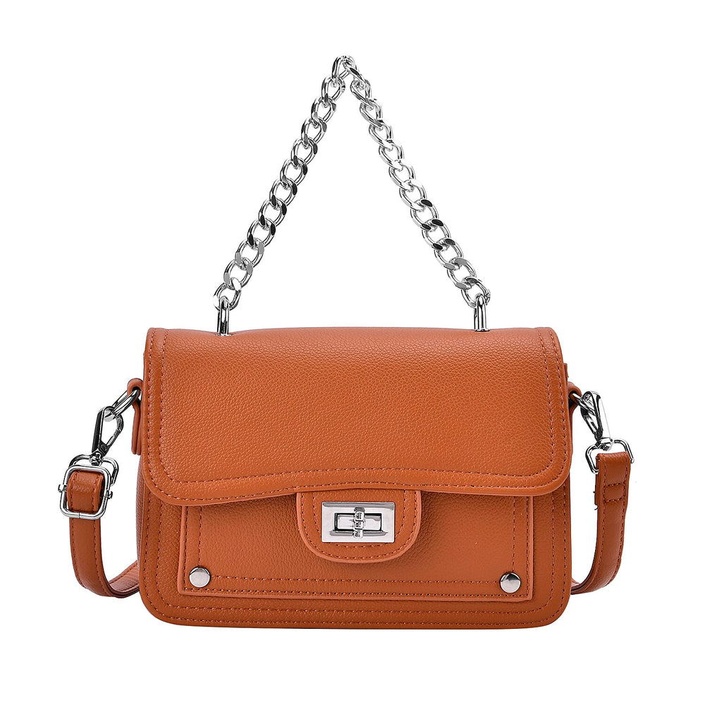 THE BIG CLOSEOUT - Edgy Satchel Bag with Chain Handle and Detachable Shoulder Strap - Tan