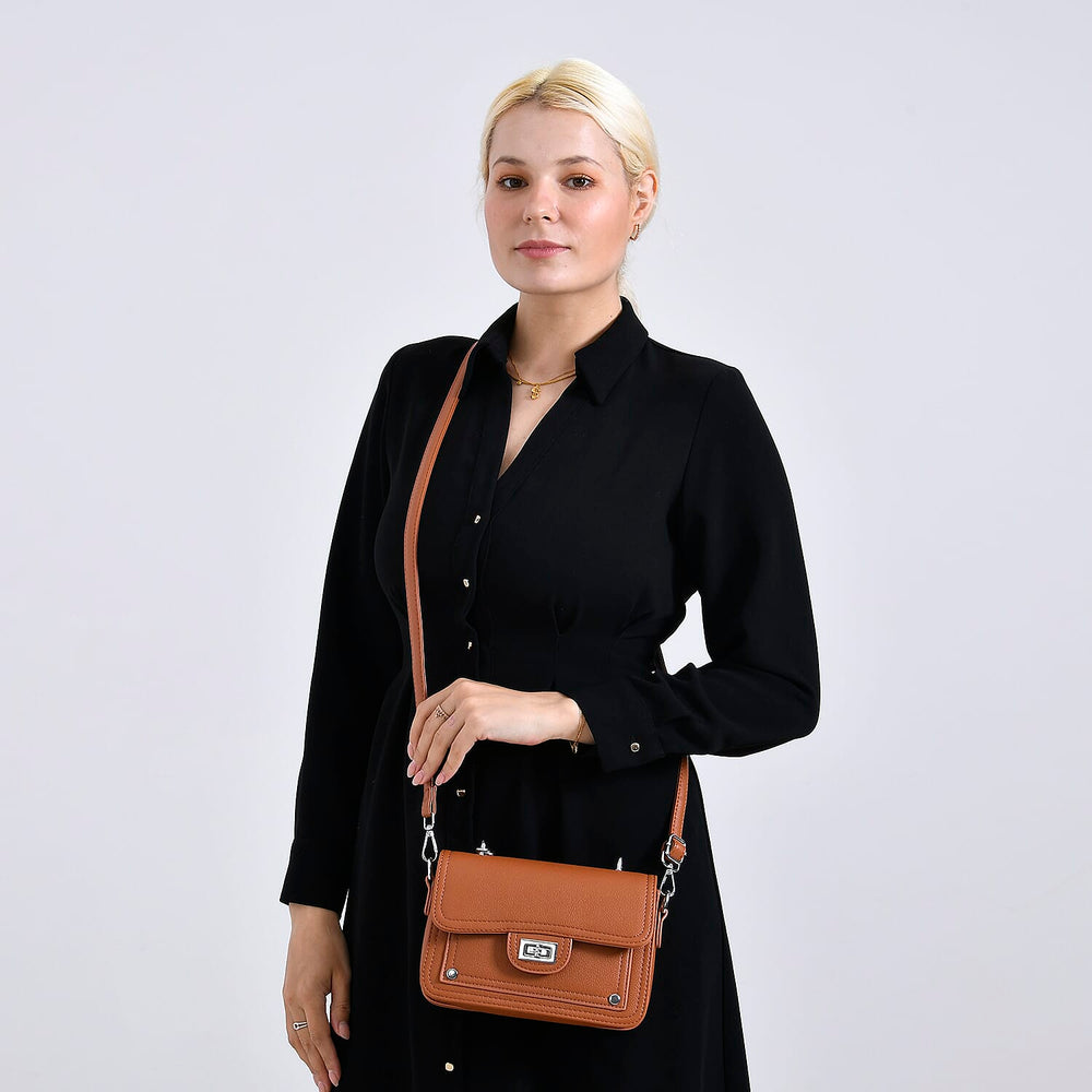 THE BIG CLOSEOUT - Edgy Satchel Bag with Chain Handle and Detachable Shoulder Strap - Tan