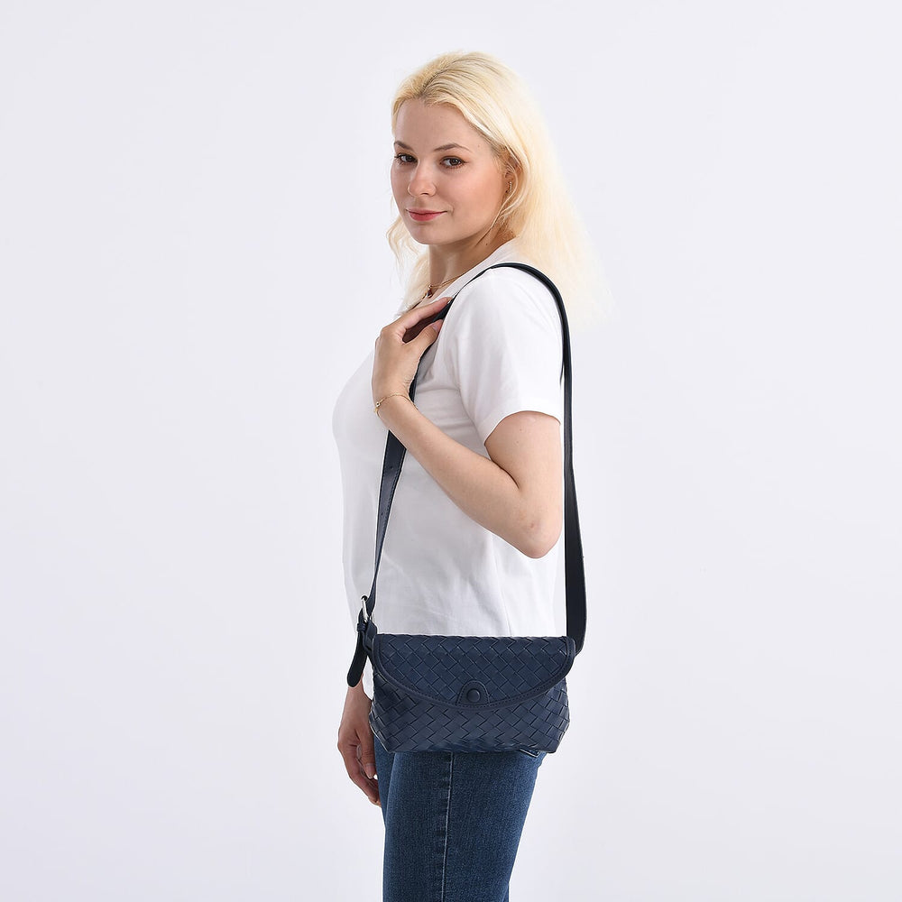 Woven Pattern Crossbody Bag with Flap Closure - Navy