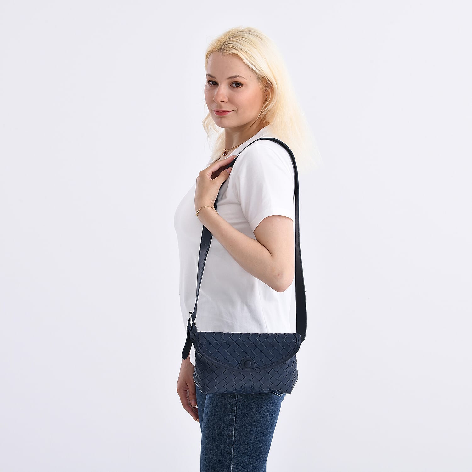 Woven Pattern Crossbody Bag with Flap Closure - Navy