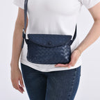Woven Pattern Crossbody Bag with Flap Closure - Navy
