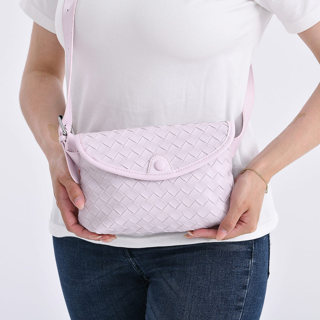 Woven Pattern Crossbody Bag with Flap Closure - Nude Pink