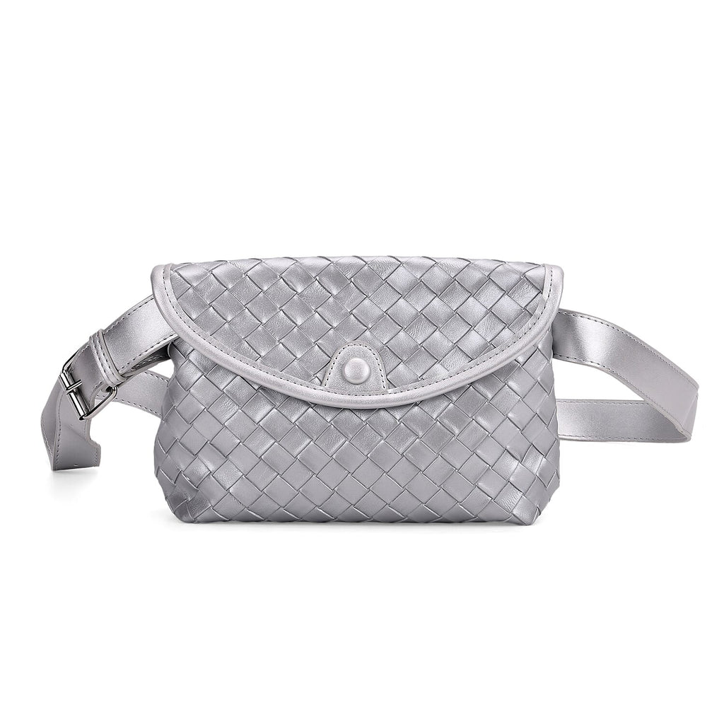 Woven Pattern Crossbody Bag with Flap Closure - Silver