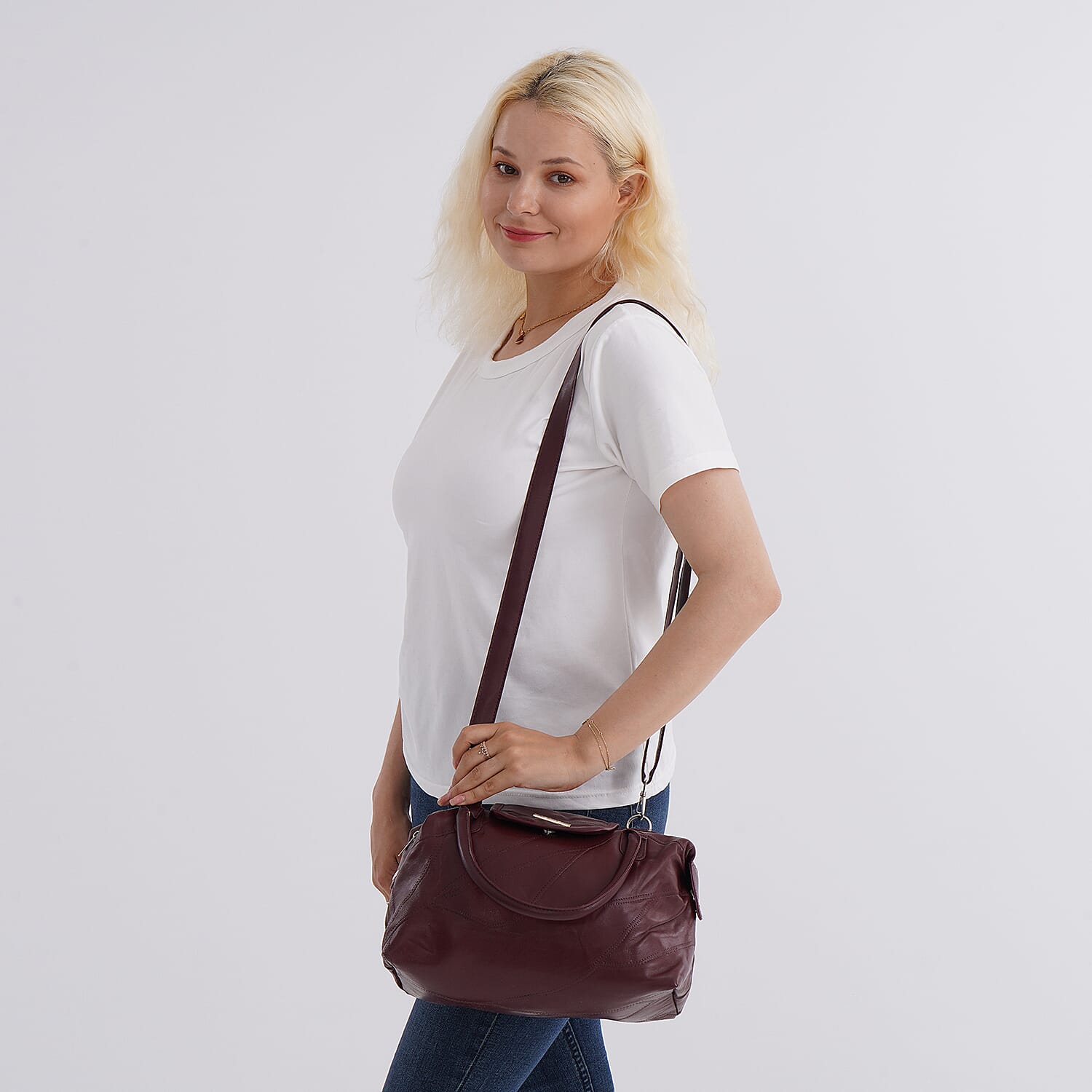 Styled By - 100% Genuine Leather Convertible Structured Satchel Bag - Burgundy