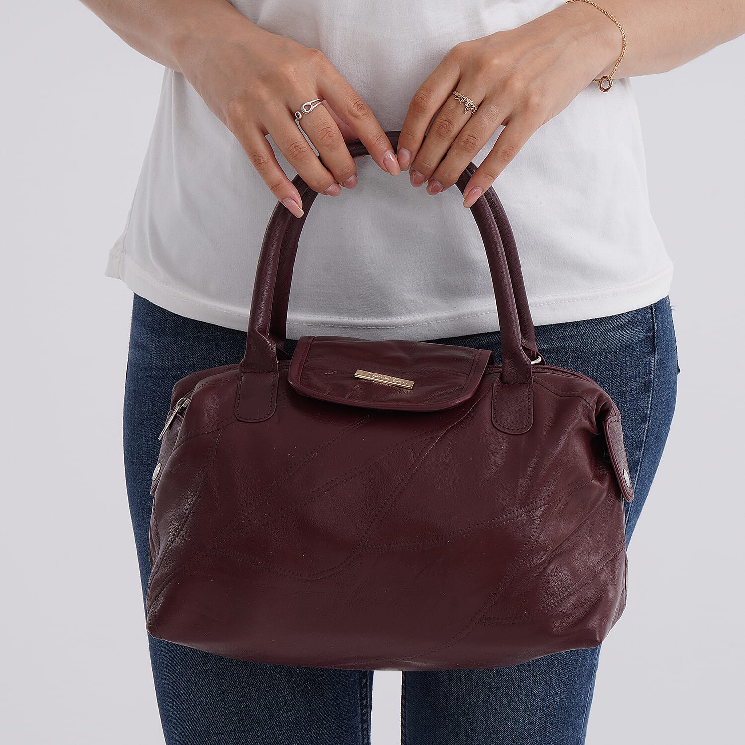 Styled By - 100% Genuine Leather Convertible Structured Satchel Bag - Burgundy