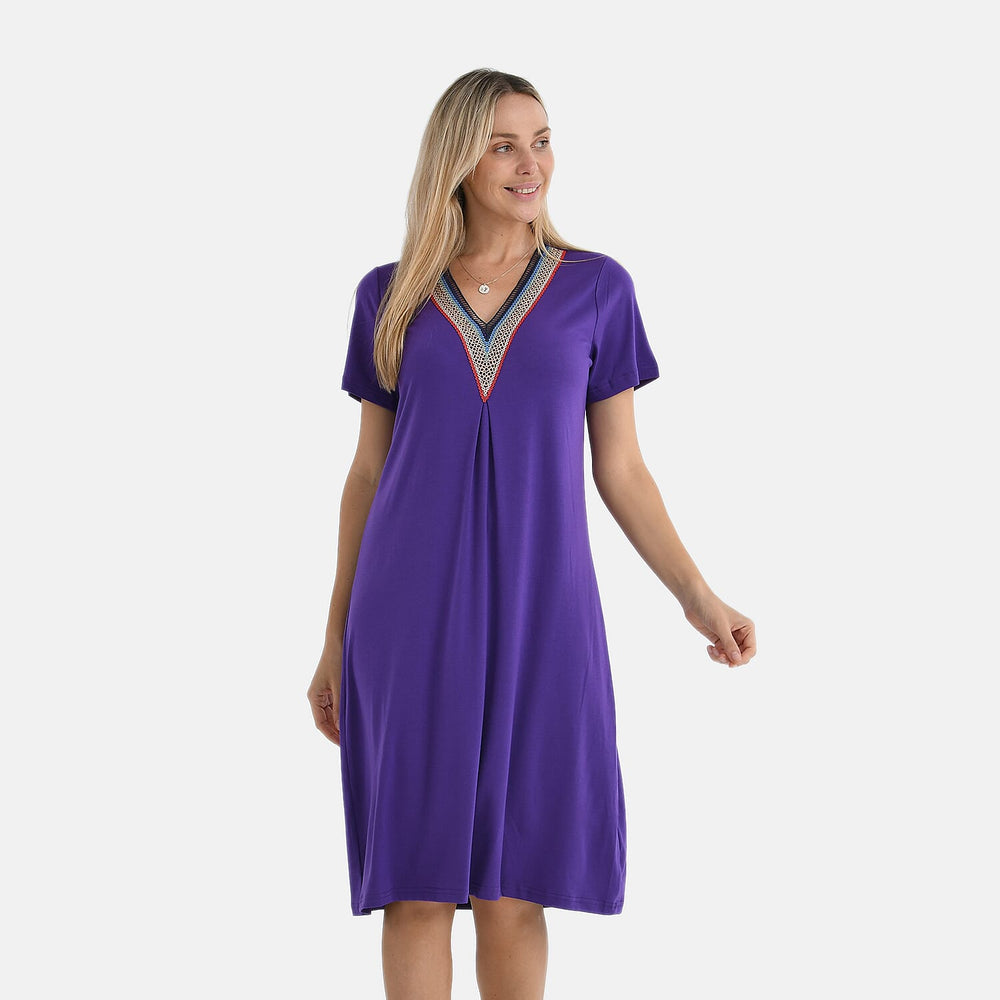 - Maisi Relaxed Fit V-Neck Lace Trim Dress (Size S) - Purple