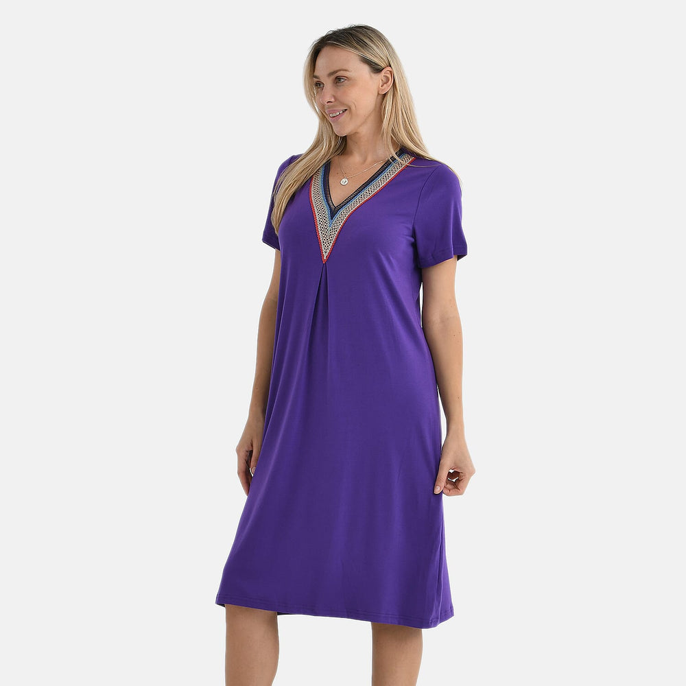 - Maisi Relaxed Fit V-Neck Lace Trim Dress (Size S) - Purple