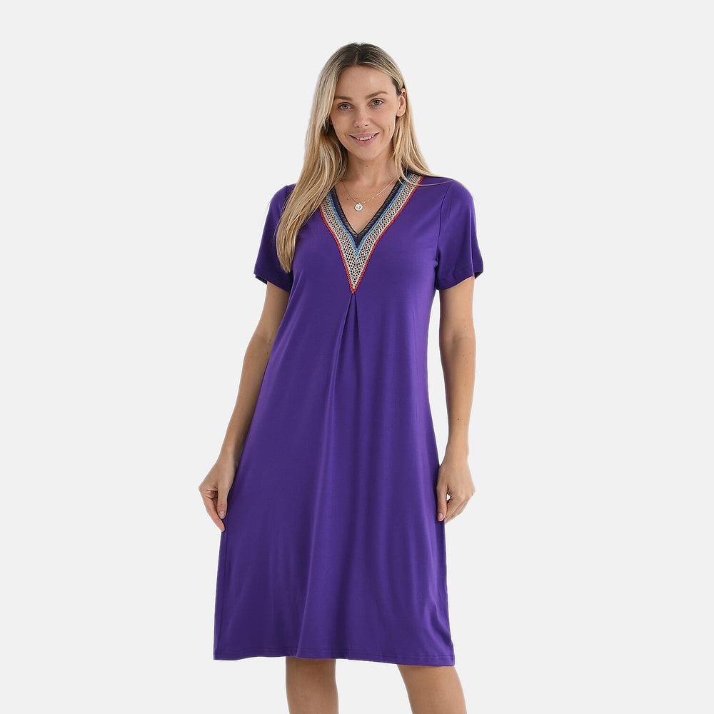 - Maisi Relaxed Fit V-Neck Lace Trim Dress (Size S) - Purple