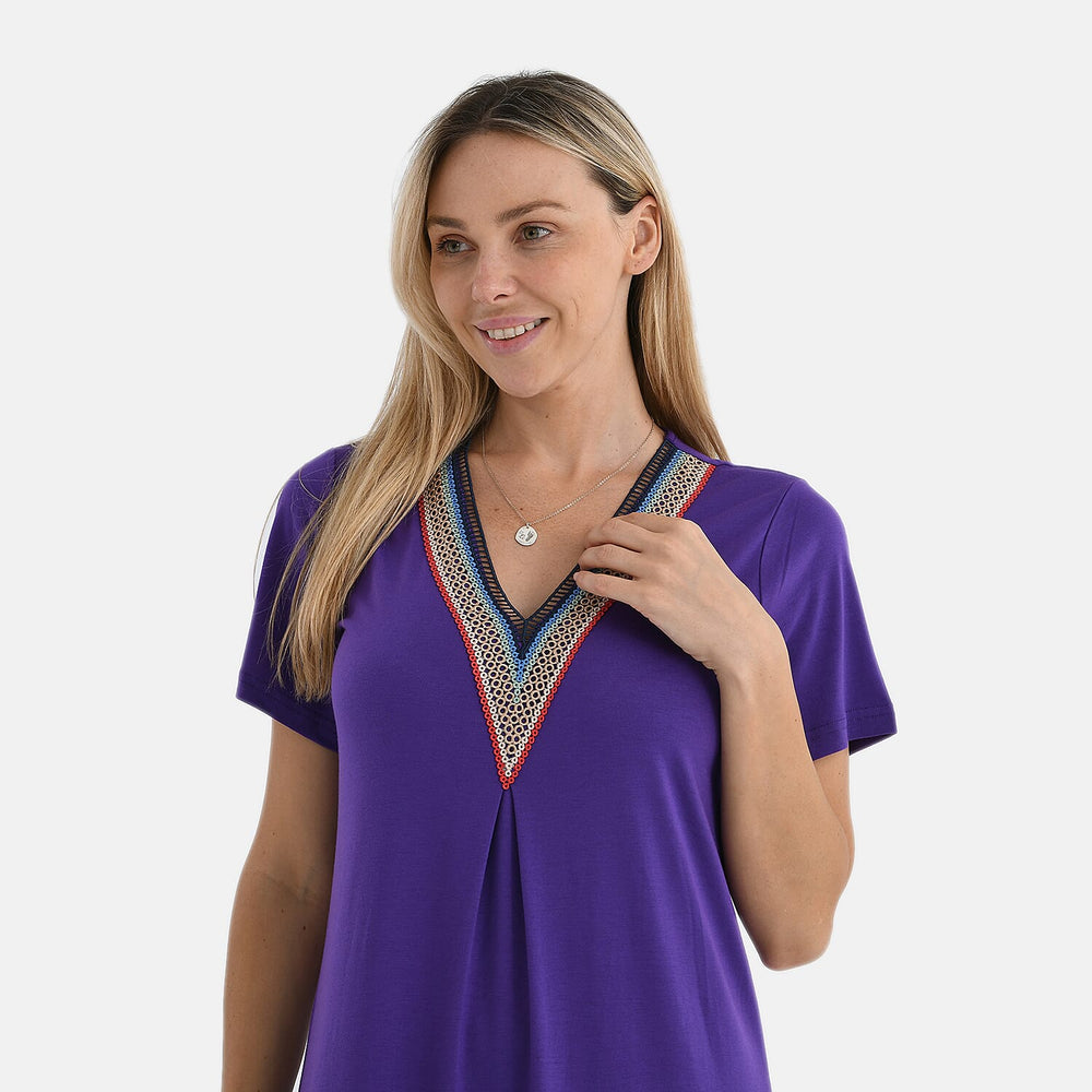 - Maisi Relaxed Fit V-Neck Lace Trim Dress (Size S) - Purple