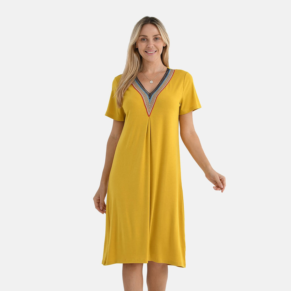 - Maisi Relaxed Fit V-Neck Lace Trim Dress (Size S) - Yellow