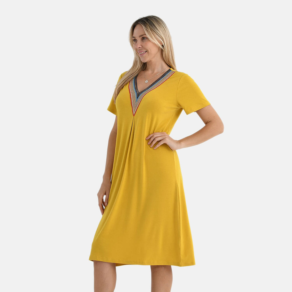 - Maisi Relaxed Fit V-Neck Lace Trim Dress (Size XL) - Yellow