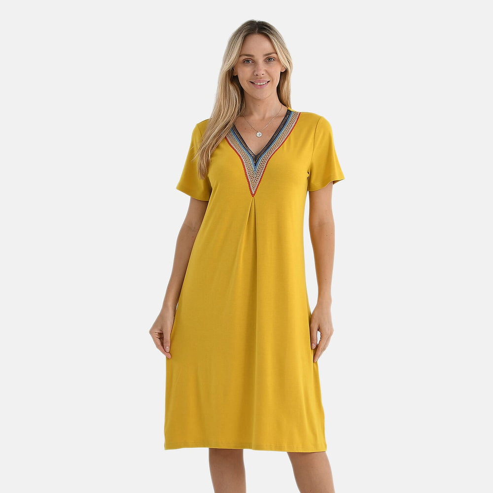 - Maisi Relaxed Fit V-Neck Lace Trim Dress (Size XL) - Yellow