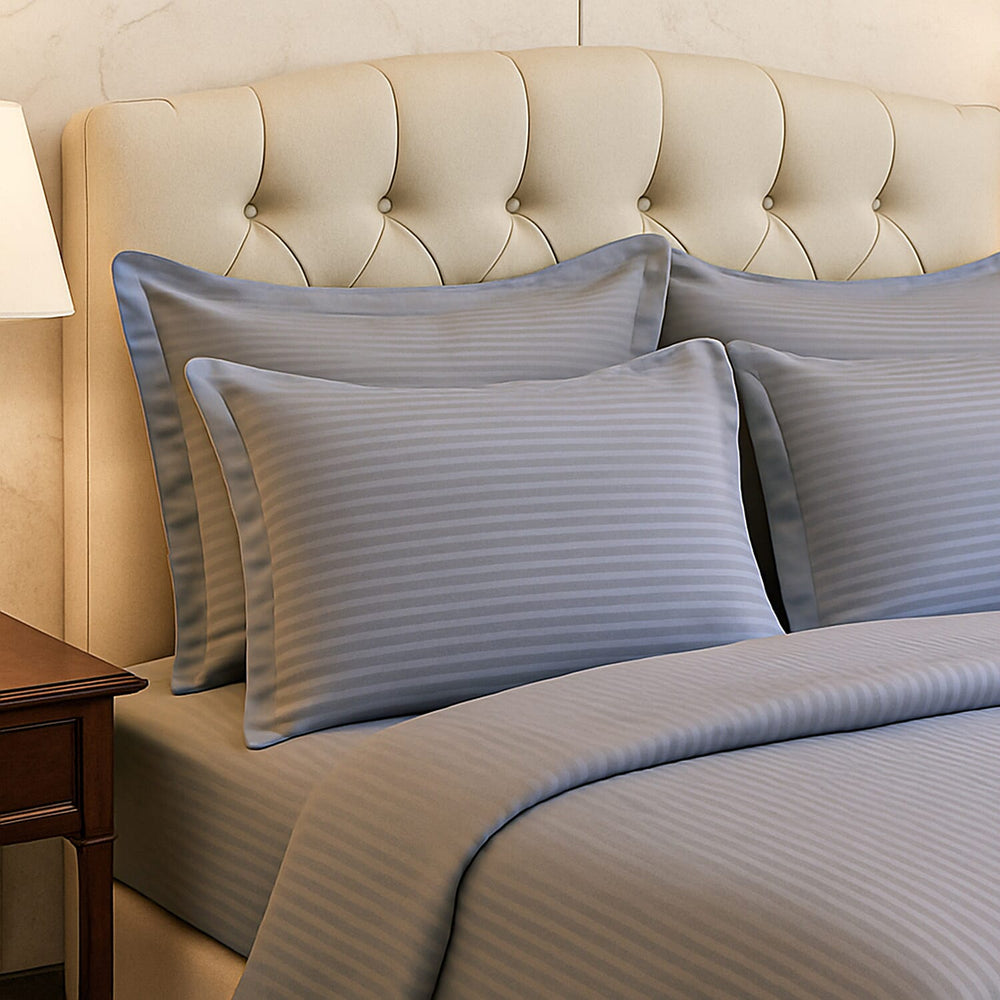 6 Piece Striped Cotton Duvet Cover Set - Includes 4 Pillowcases, 1 Fitted Sheet - 1 Duet Cover (Double) - Silver - White
