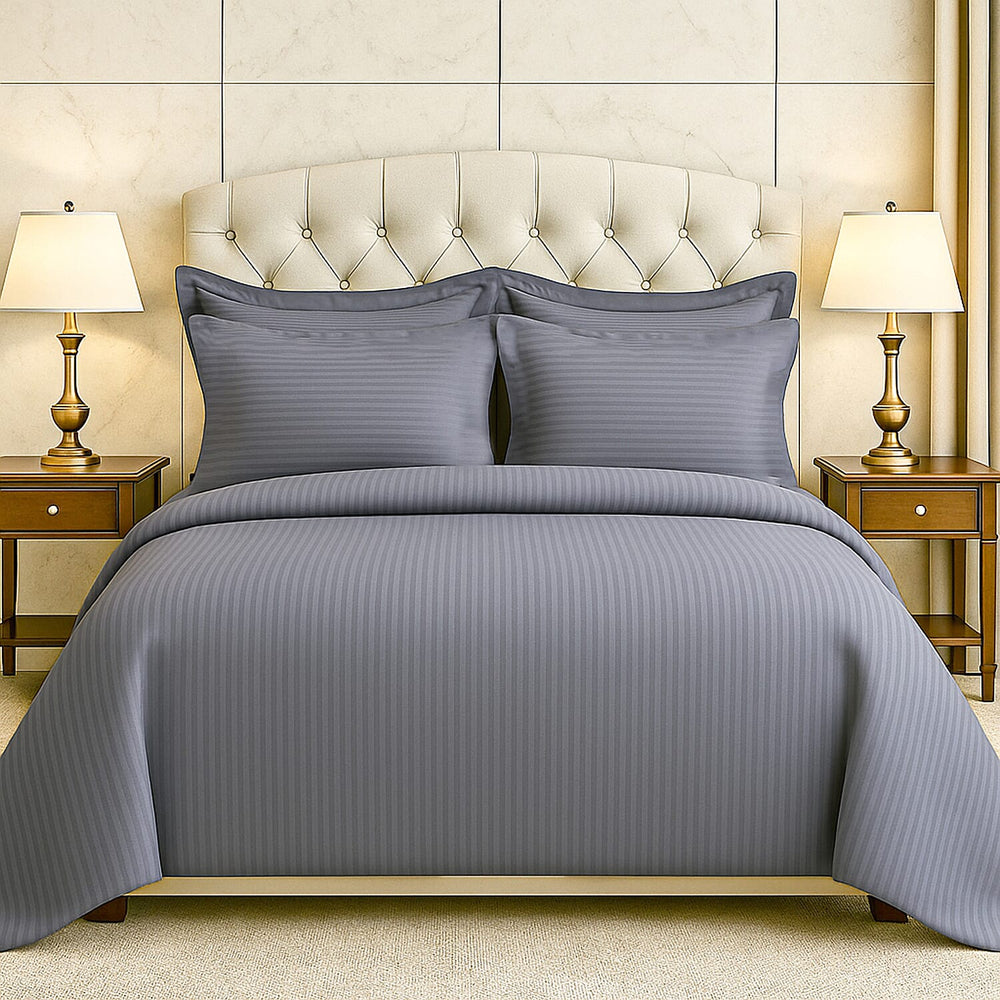 6 Piece Striped Cotton Duvet Cover Set - Includes 4 Pillowcases, 1 Fitted Sheet - 1 Duet Cover (Double) - Silver - White