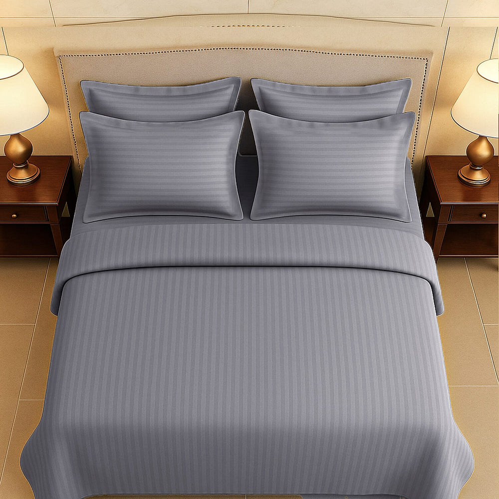 6 Piece Striped Cotton Duvet Cover Set - Includes 4 Pillowcases, 1 Fitted Sheet - 1 Duet Cover (Double) - Silver - White