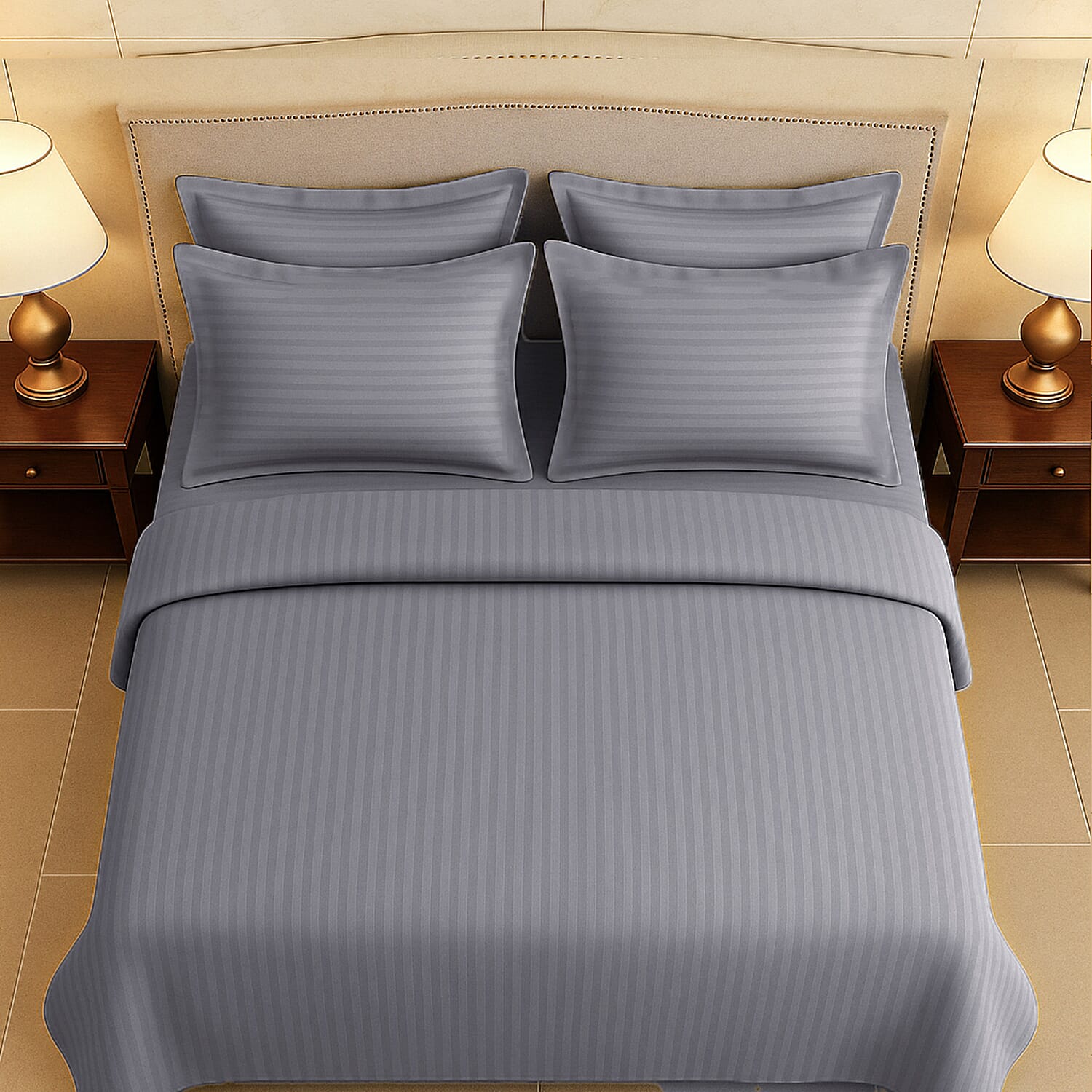 6 Piece Striped Cotton Duvet Cover Set - Includes 4 Pillowcases, 1 Fitted Sheet - 1 Duet Cover (Double) - Silver - White
