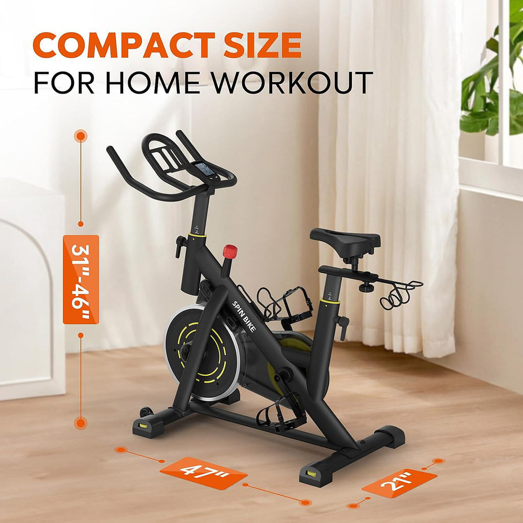 YAMO Exercise Spin Bike, Adjustable Resistance Silent Belt Drive with Comfortable Seat Cushion - Yellow