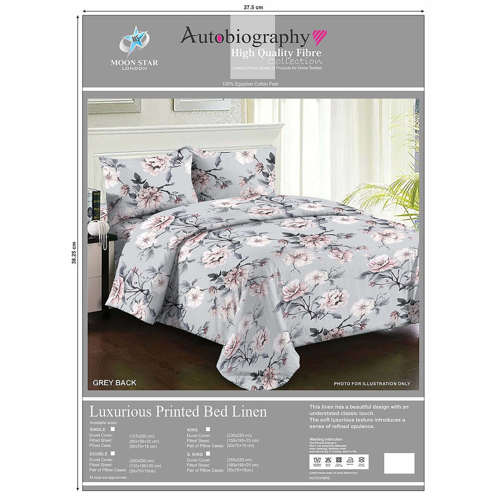 Set of 4  Multi leaves Printed Duvet and Fitted Shee King Size - Grey