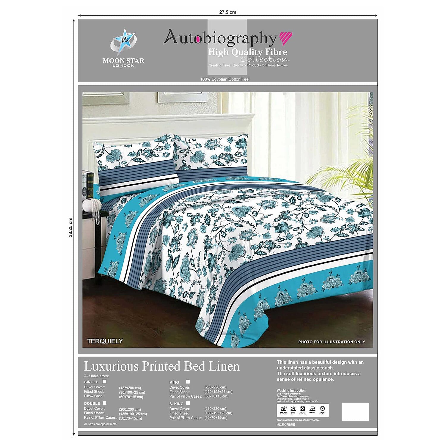 Set of 4 - 100% Egyptian Cotton Floral Vine Pattern Duvet Cover, Fitted Sheet & Two Pillowcase (Size King) - White with Turquoise