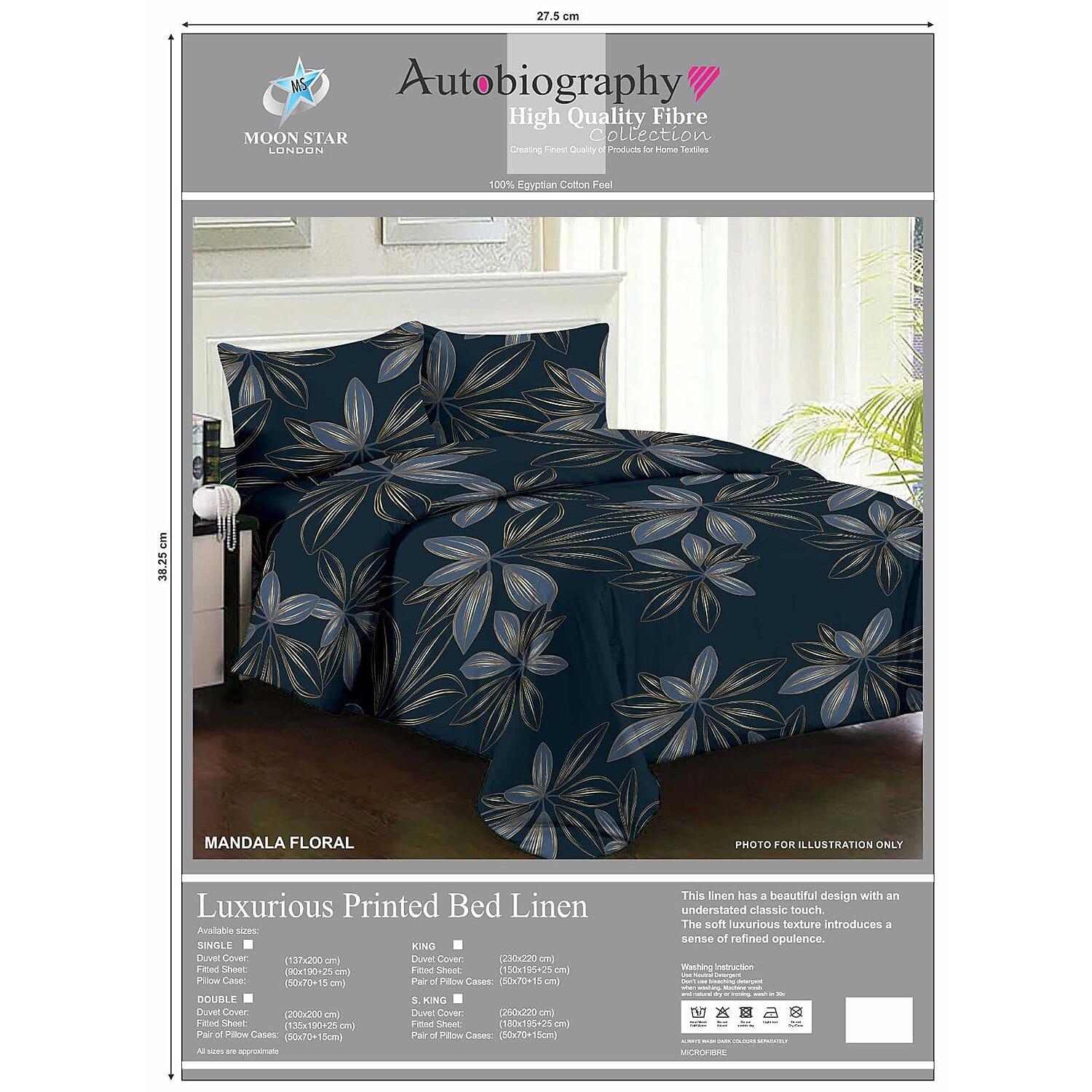 Set of 3- 100% Egyptian Cotton Artistic Mandala Inspired Floral Duvet Cover, Fitted Sheet & One Pillowcase (Size Single) - Navy