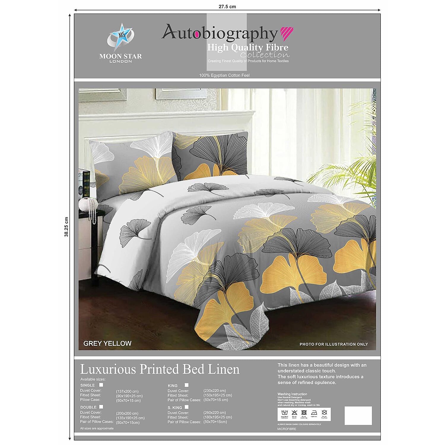 Set of 3- 100% Egyptian Cotton Modern Yellow Ginkgo Leaf Print Duvet Cover, Fitted Sheet & One Pillowcase (Size Single) - Grey