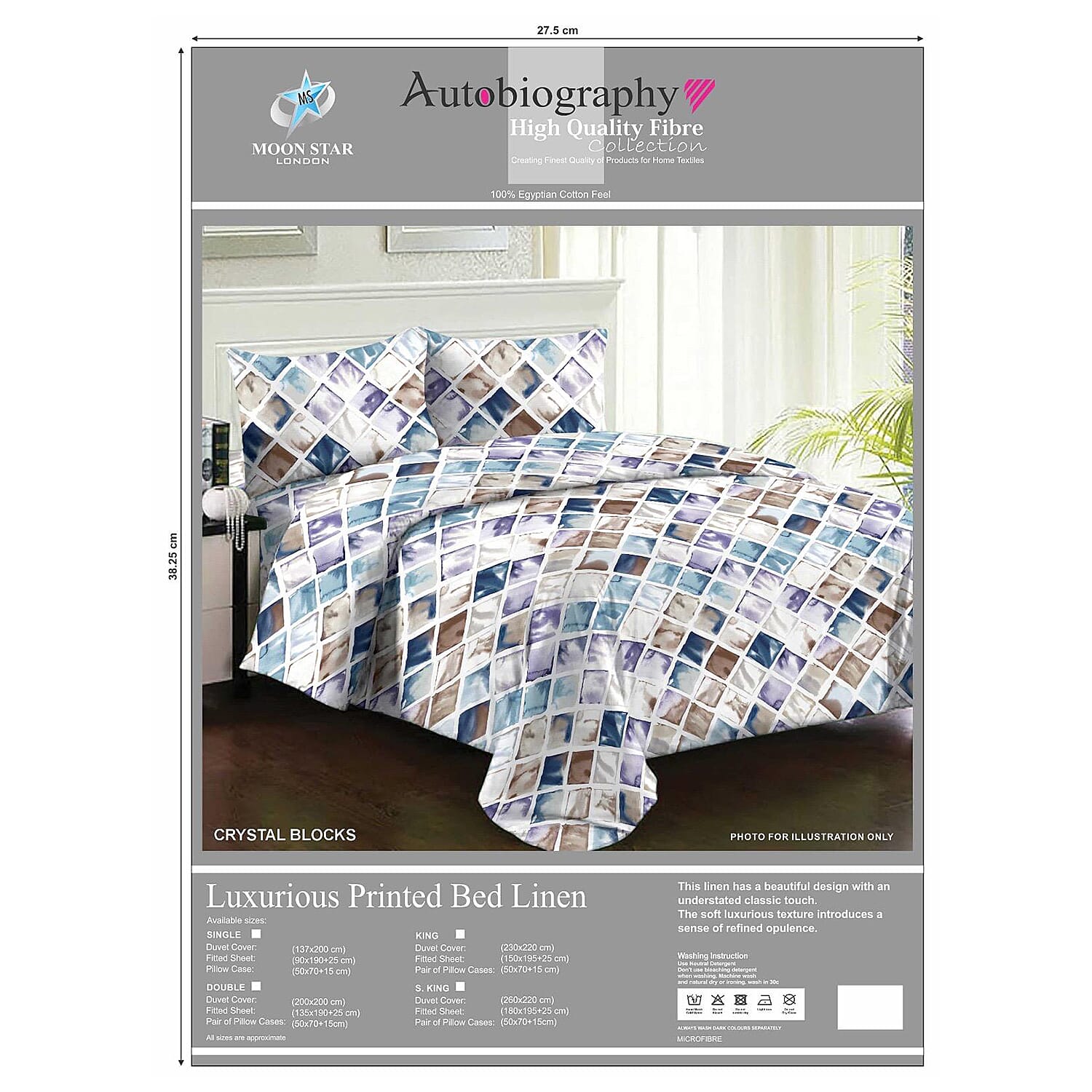 Set of 4- 100% Egyptian Cotton Abstract Crystal Block Pattern Duvet Cover, Fitted Sheet & Two Pillowcase (Size Double) - Multi Color