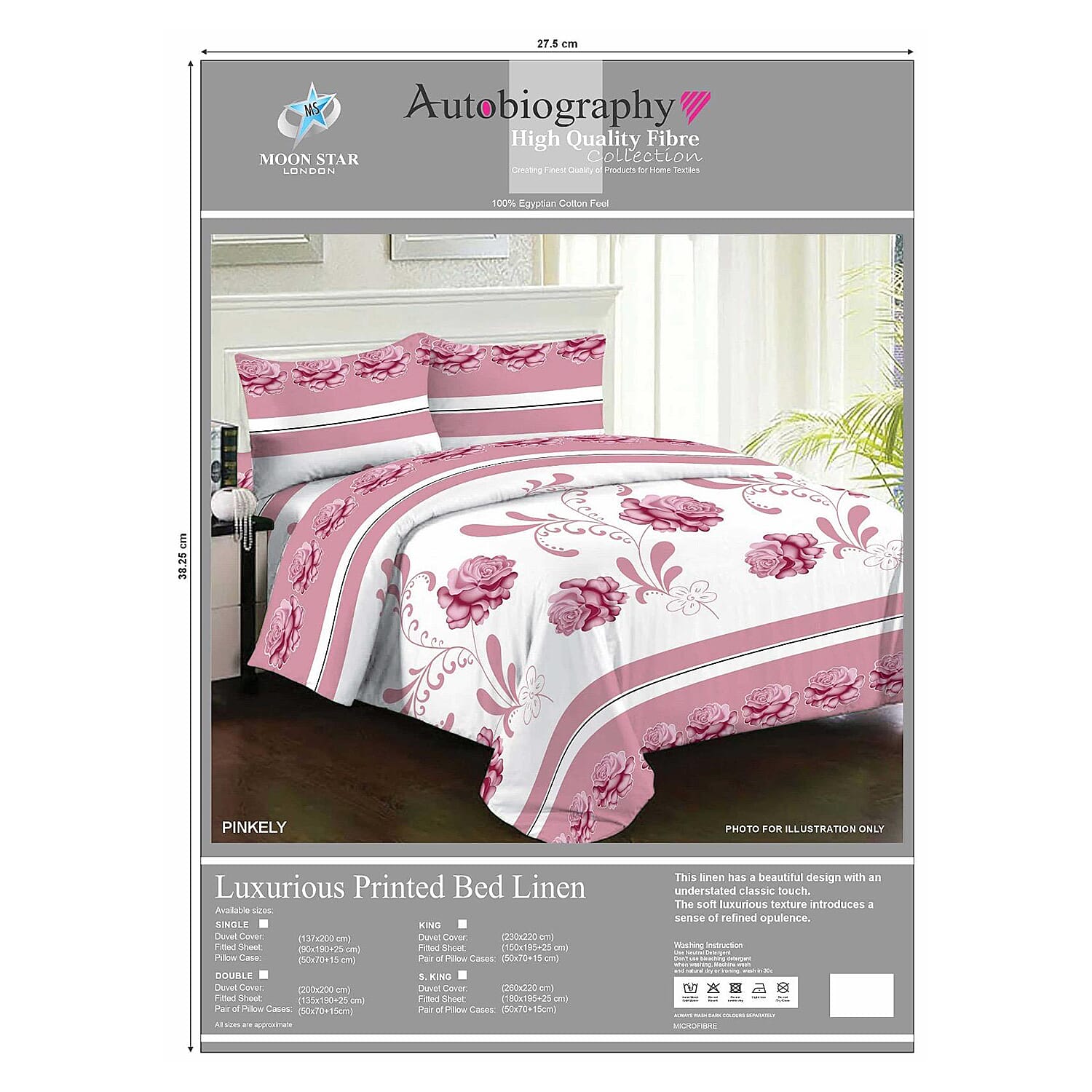 Set of 4- 100% Egyptian Cotton Elegant Pink Rose Pattern Duvet Cover, Fitted Sheet & Two Pillowcase (Size Double) - White
